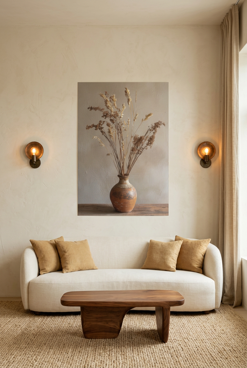 Wheat Ears & Pottery — unframed poster above a sofa