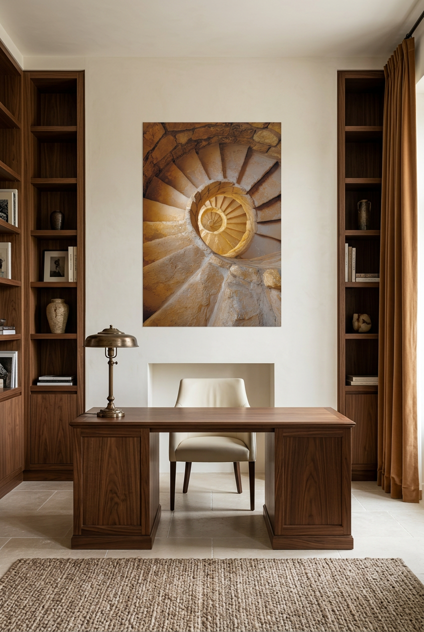 Light Staircase — unframed poster above a desk