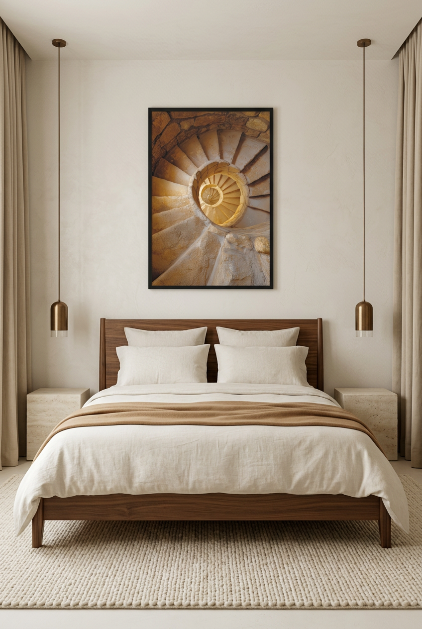 Light Staircase — poster in a black frame above a bed