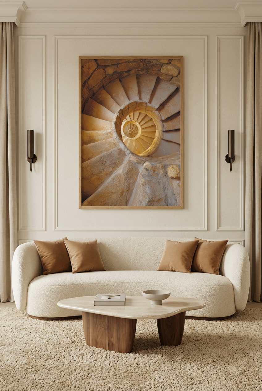 Light Staircase — poster in an oak frame above a sofa
