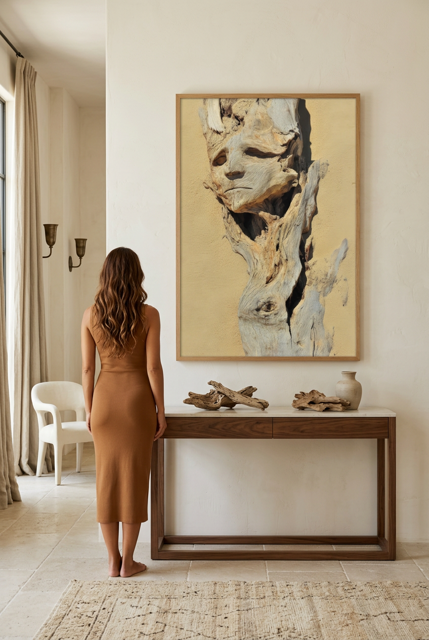 Driftwood Spirit — woman in front of the poster in an oak frame