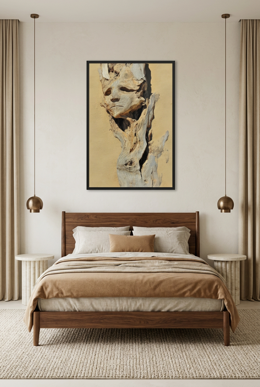 Espíritu de la Madera Flotante — póster con marco negro sobre una cama