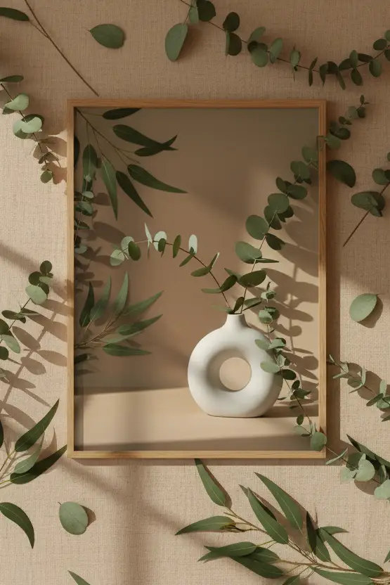 Vase Anneau & Eucalyptus — Affiche murale minimaliste beige et vert inspiration botanique — affiche murale minimaliste | Cassili-home