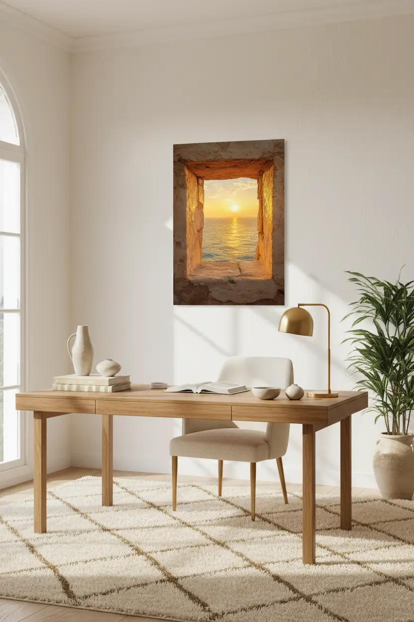 Fenêtre sur Mer — Affiche Murale Minimaliste Or Et Terracotta Architecture Méditerranéenne — affiche murale minimaliste | Cassili-home