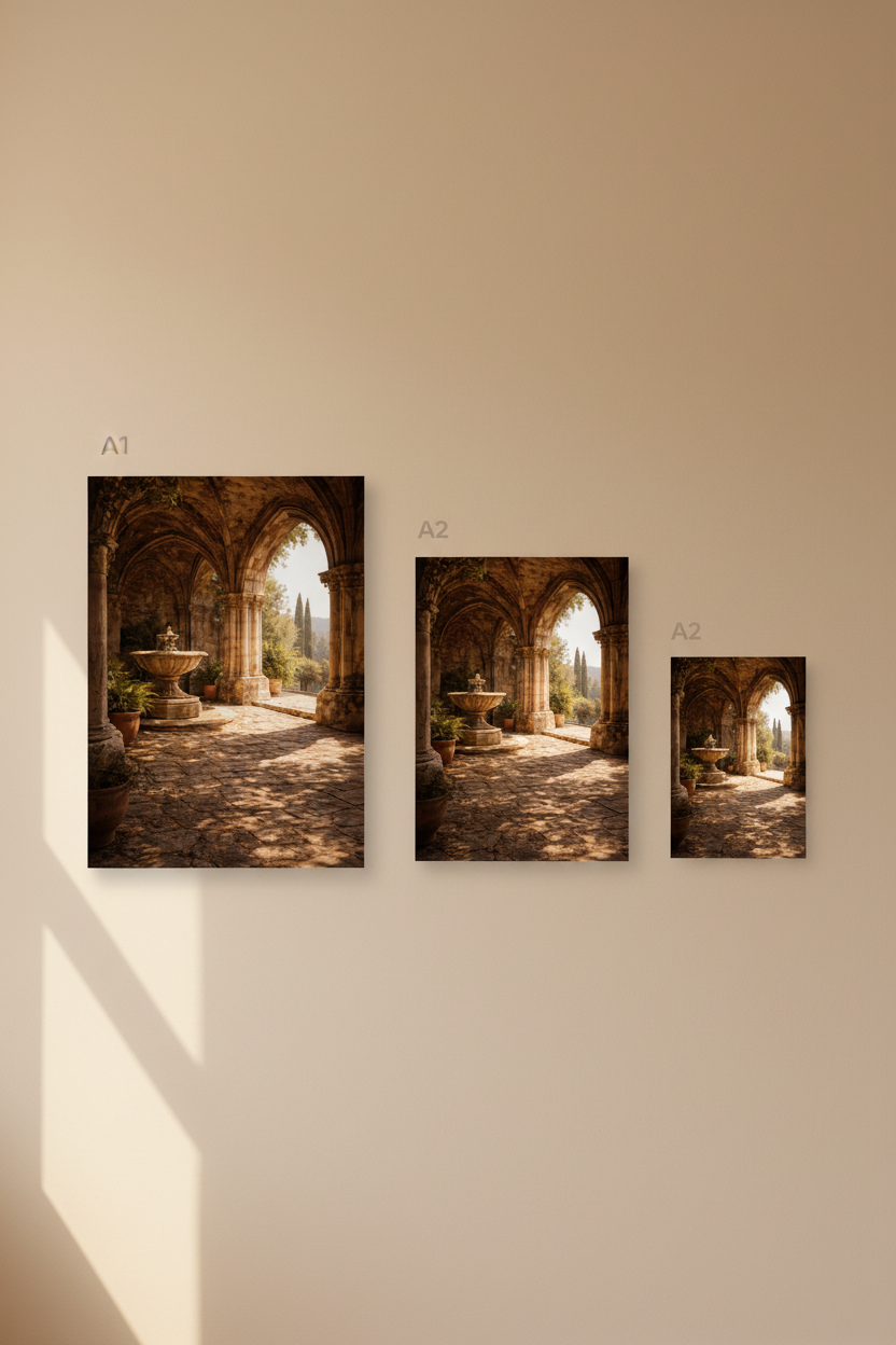 Le Cloître à la Fontaine — Affiche murale minimaliste doré et pierre architecture méditerranéenne — affiche murale minimaliste | Cassili-home