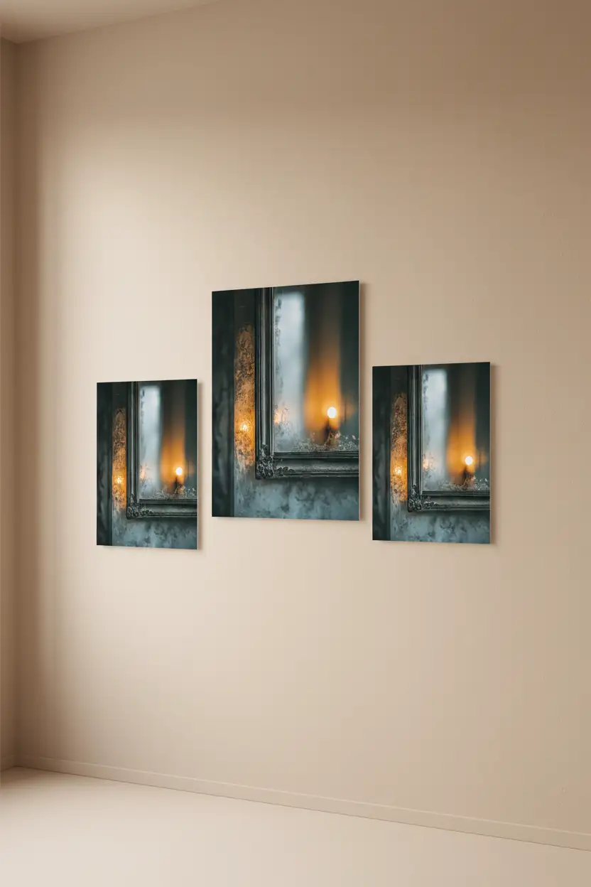 La Bougie du Miroir — Affiche murale minimaliste Bleu-Gris lumière chaude et reflet — affiche murale minimaliste | Cassili-home