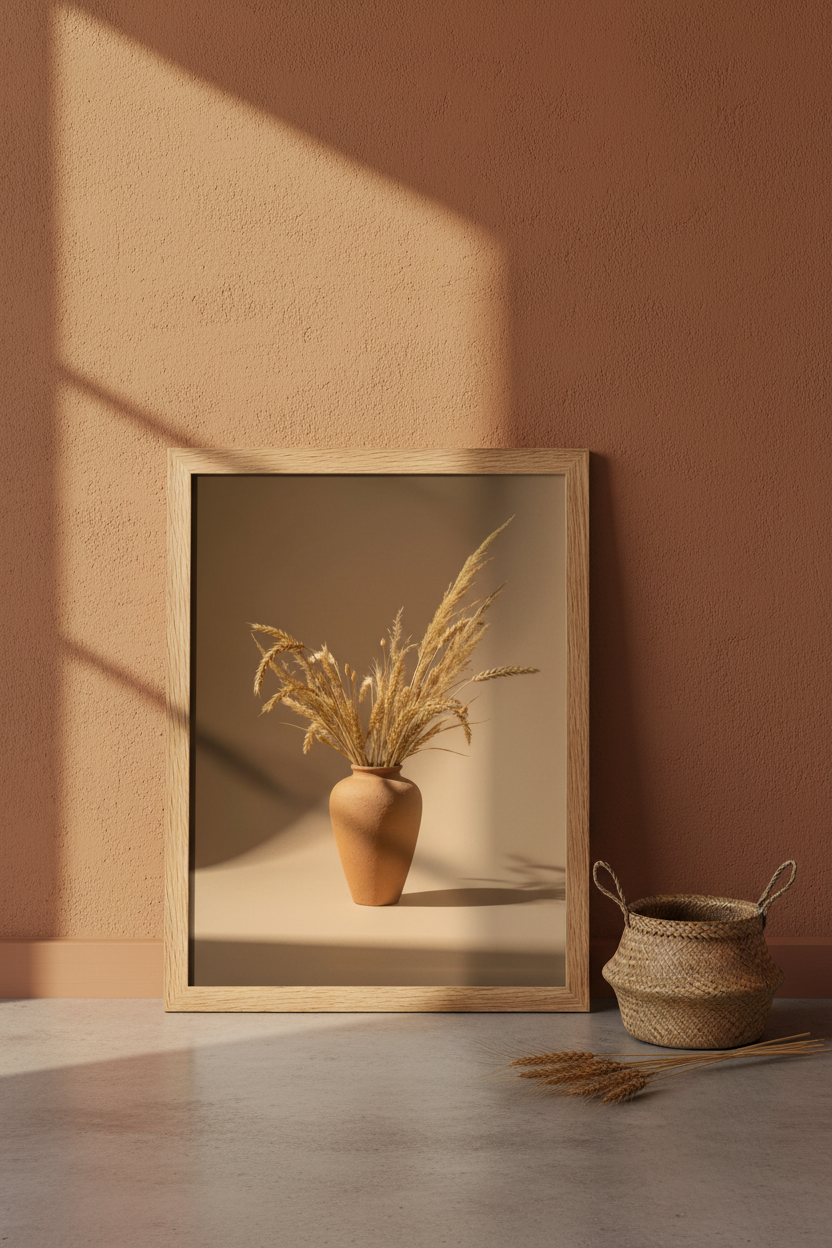 Poster Vase Terracotta aux Épis encadré posé sur sol béton