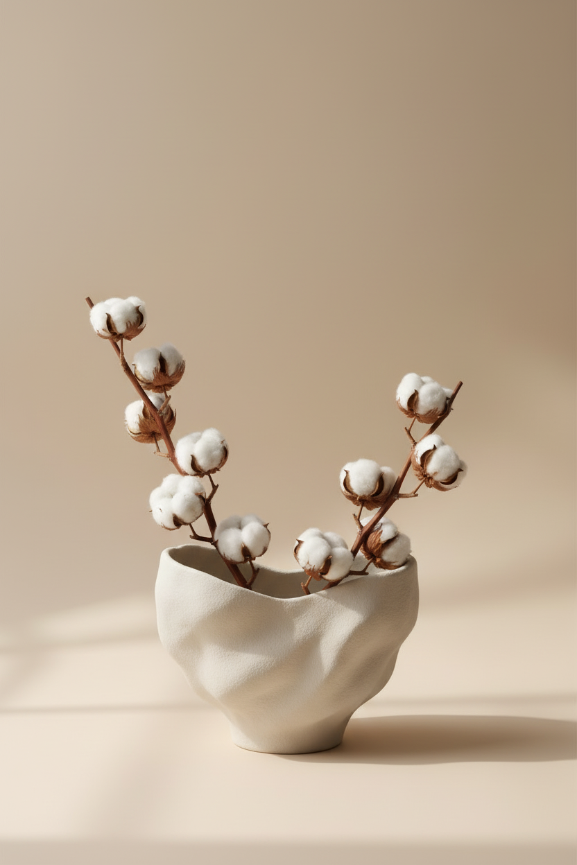 Vase Froissé & Coton — Affiche murale minimaliste blanc et beige inspiration botanique — affiche murale minimaliste | Cassili-home
