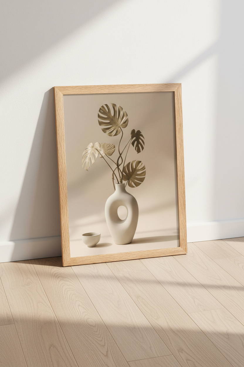 Poster Vase & Monstera Séché encadré posé au sol contre un mur blanc