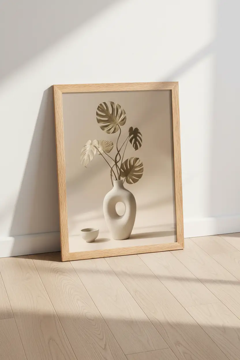 Vase & Monstera Séché — Affiche Murale Minimaliste Beige Et Vert Mer — affiche murale minimaliste | Cassili-home