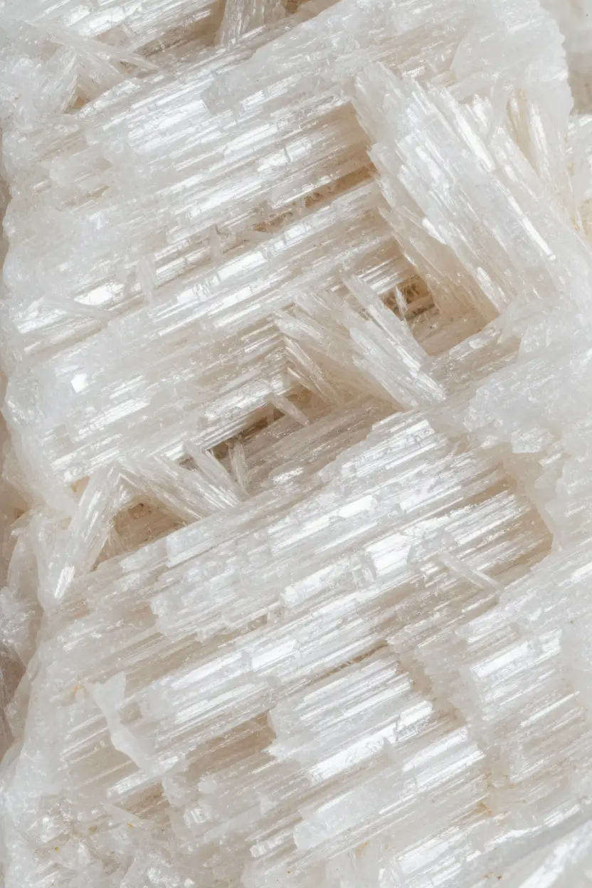 Kristallin Selenit — Minimalistisk väggaffisch i vitt kristall/mineral