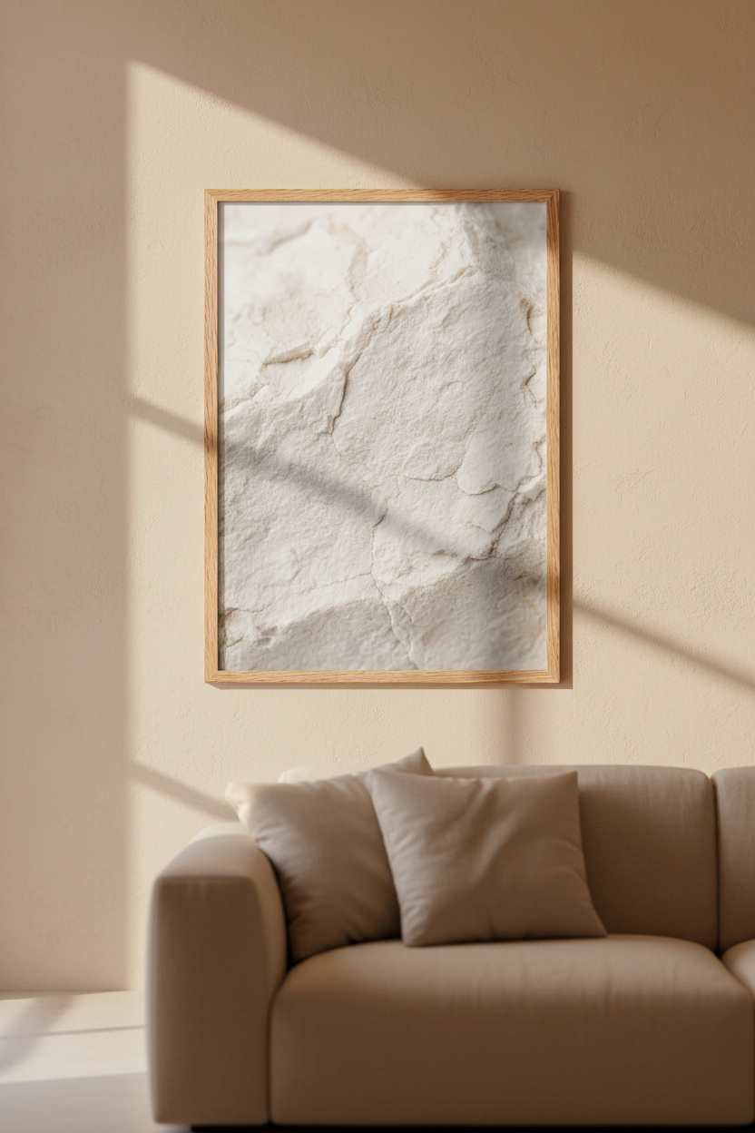 Calcaire Blanc affiche encadrée chêne salon minimaliste