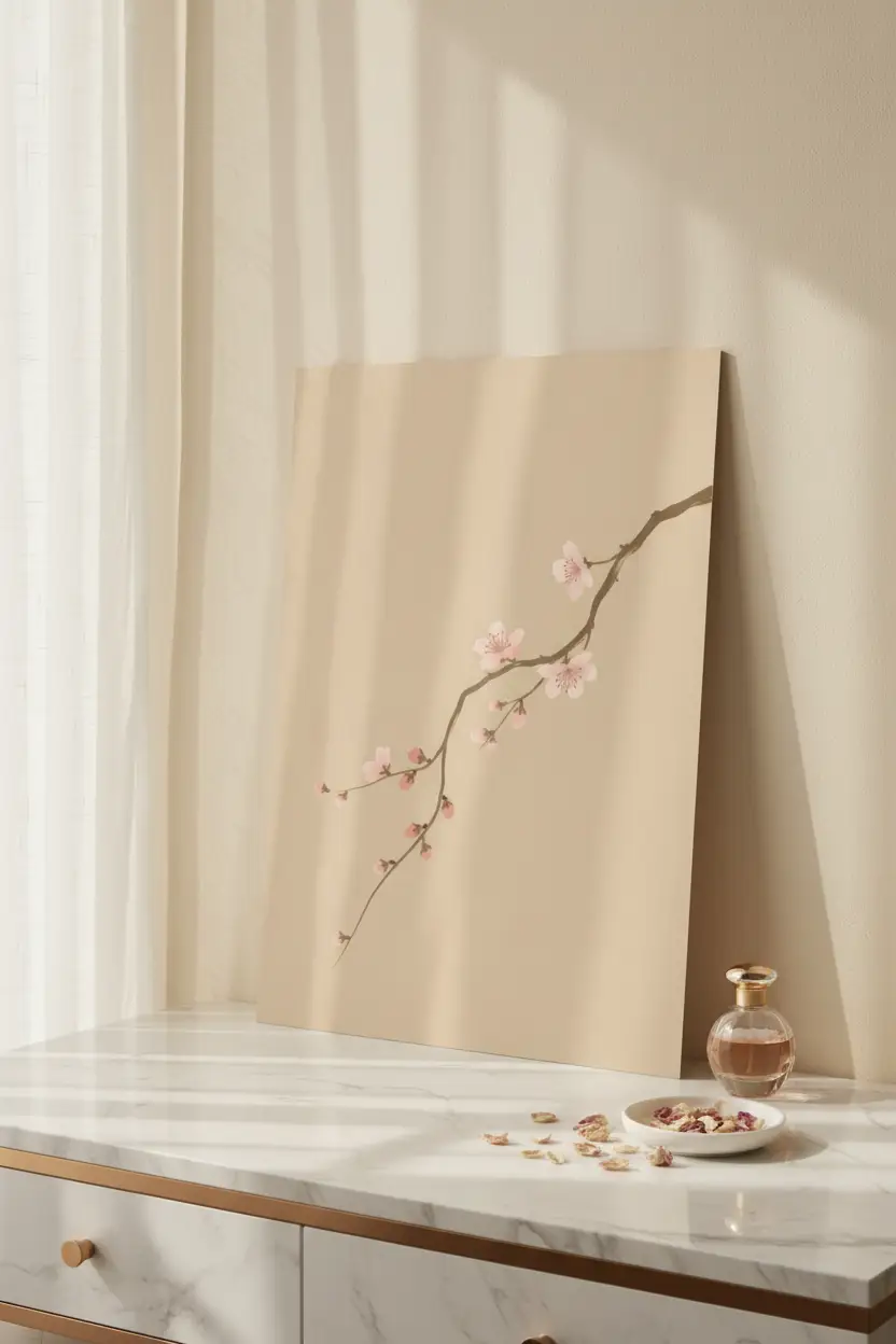 Branche de Cerisier — Affiche Murale Minimaliste Rose et Beige Inspiration Botanique — affiche murale minimaliste | Cassili-home