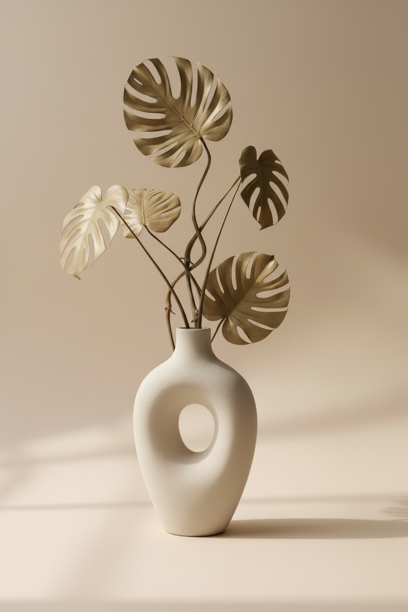 Vase & Monstera Séché — Affiche murale minimaliste beige vert inspiration botanique