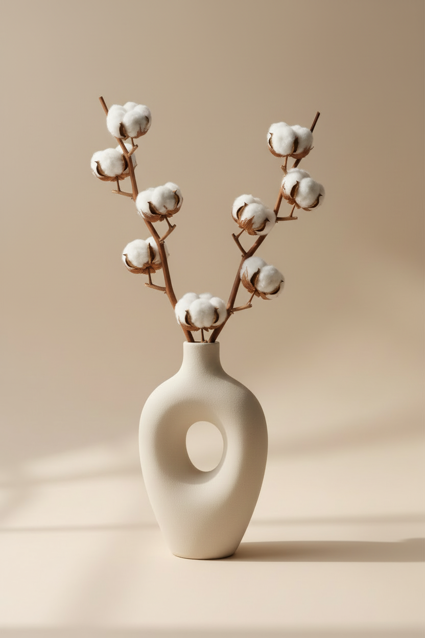 Vase & Branches de Coton — Affiche murale minimaliste blanc et beige inspiration botanique