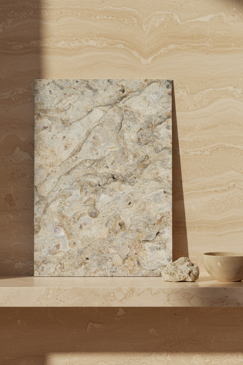 Poster Pierre Fossile sans cadre sur étagère travertin