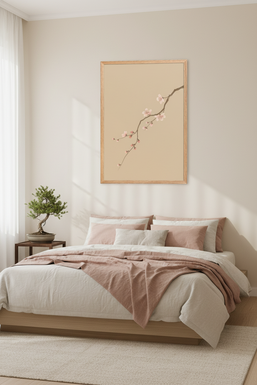 Poster Fleur de Cerisier encadré dans une chambre japonisante zen