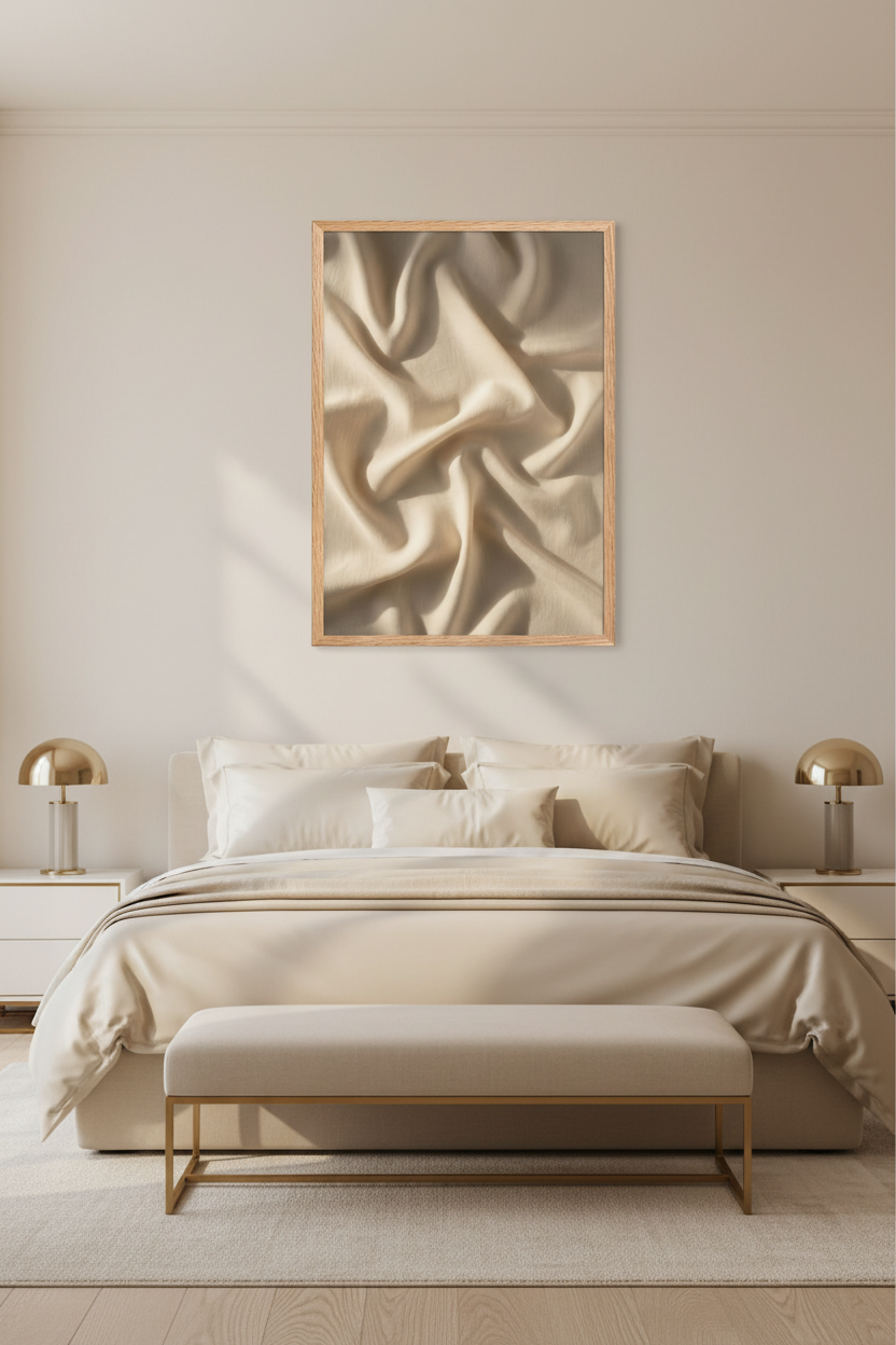 Poster Soie & Lumière encadré dans une chambre luxe ivoire et or