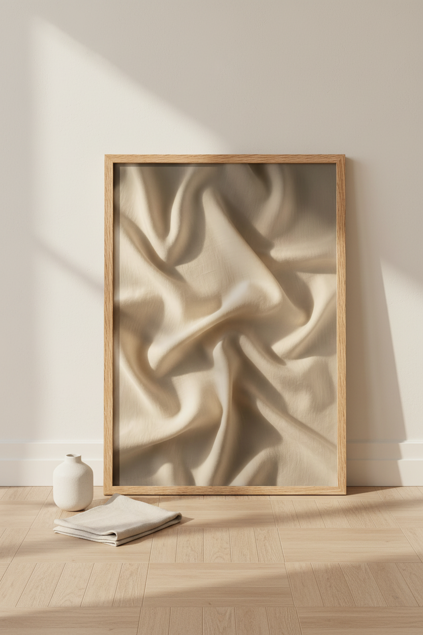 Poster Soie & Lumière encadré posé sur parquet clair