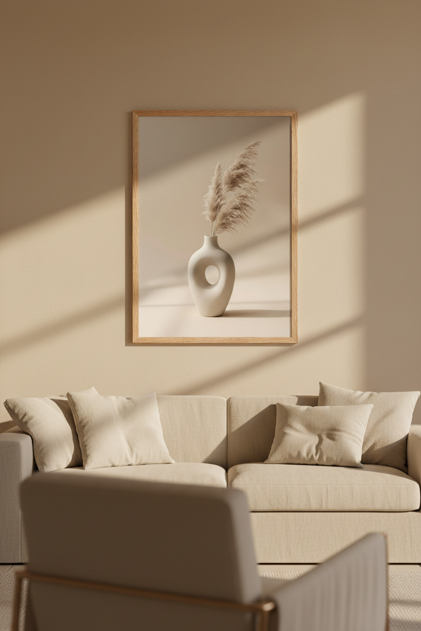 Vase & Herbes de Pampa affiche encadrée chêne salon minimaliste