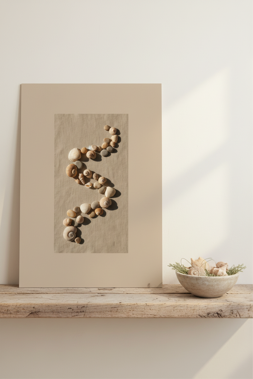Poster Spirale de Coquillages sans cadre sur étagère côtière