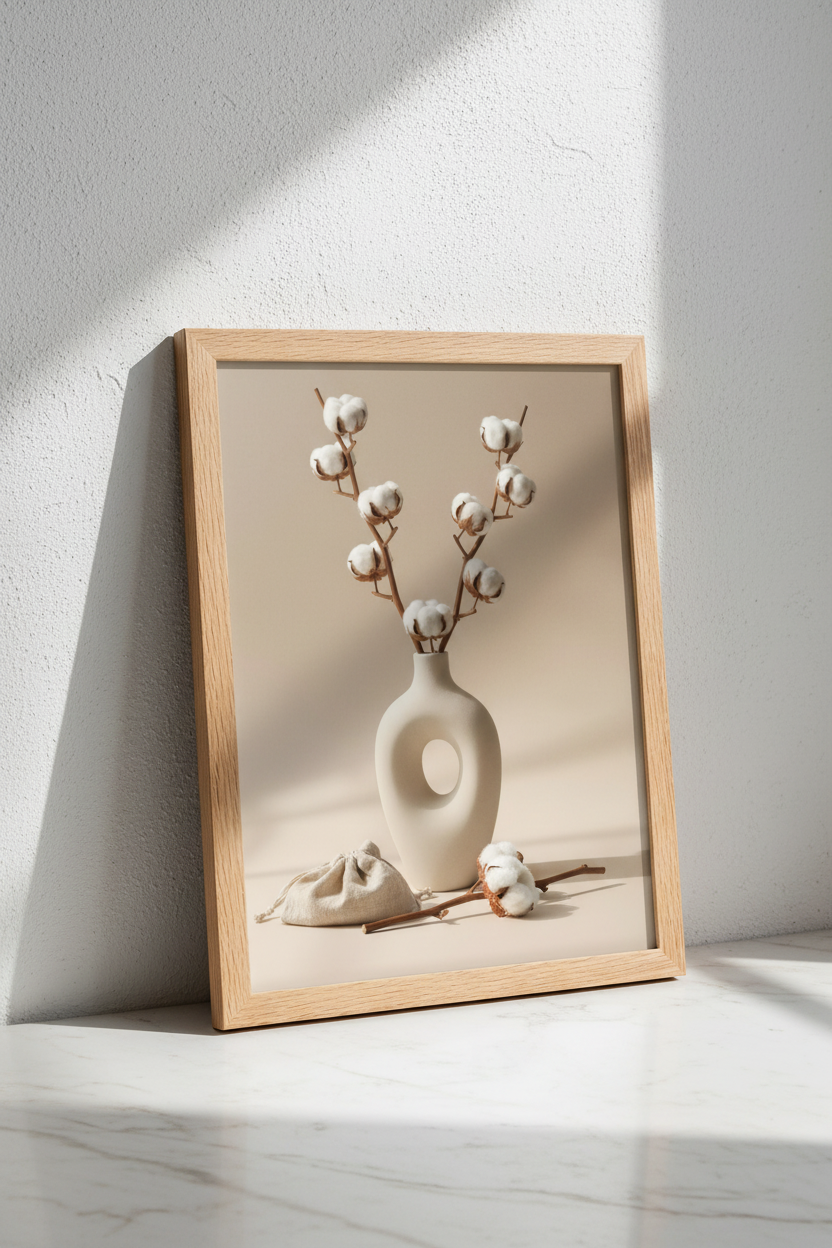 Poster Vase & Branches de Coton encadré posé sur marbre
