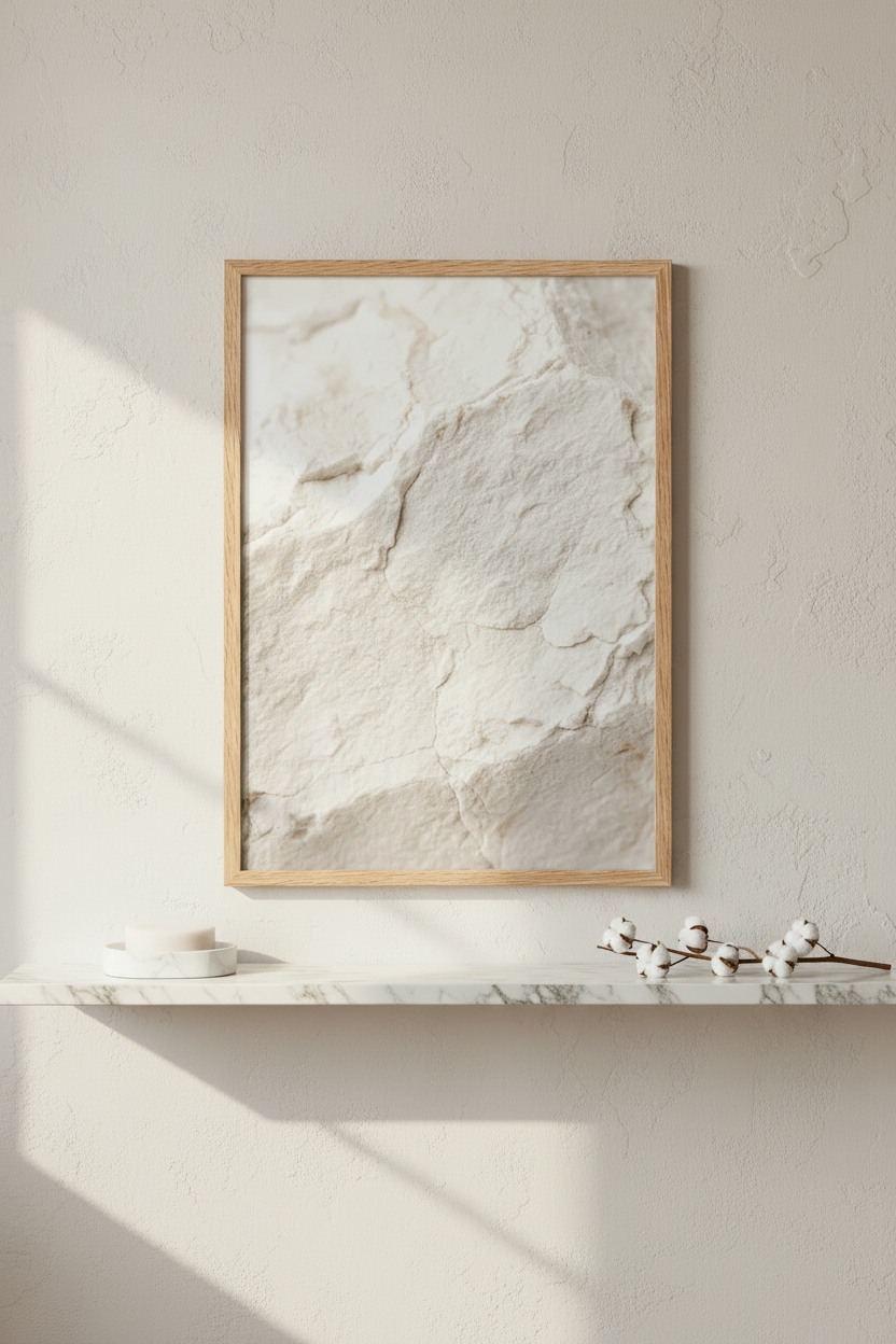 Calcaire Blanc affiche encadrée salle de bain minimaliste