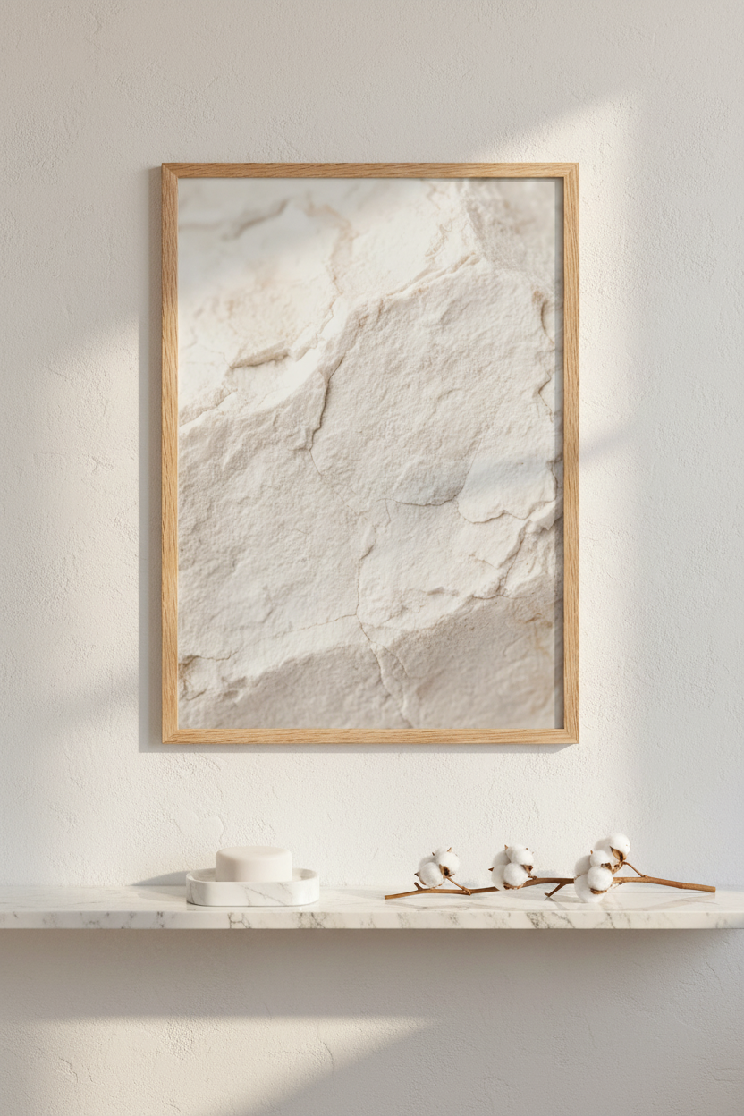 Calcaire Blanc affiche encadrée salle de bain minimaliste