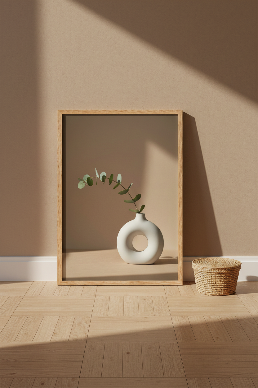 Poster Vase Anneau & Eucalyptus encadré posé sur parquet