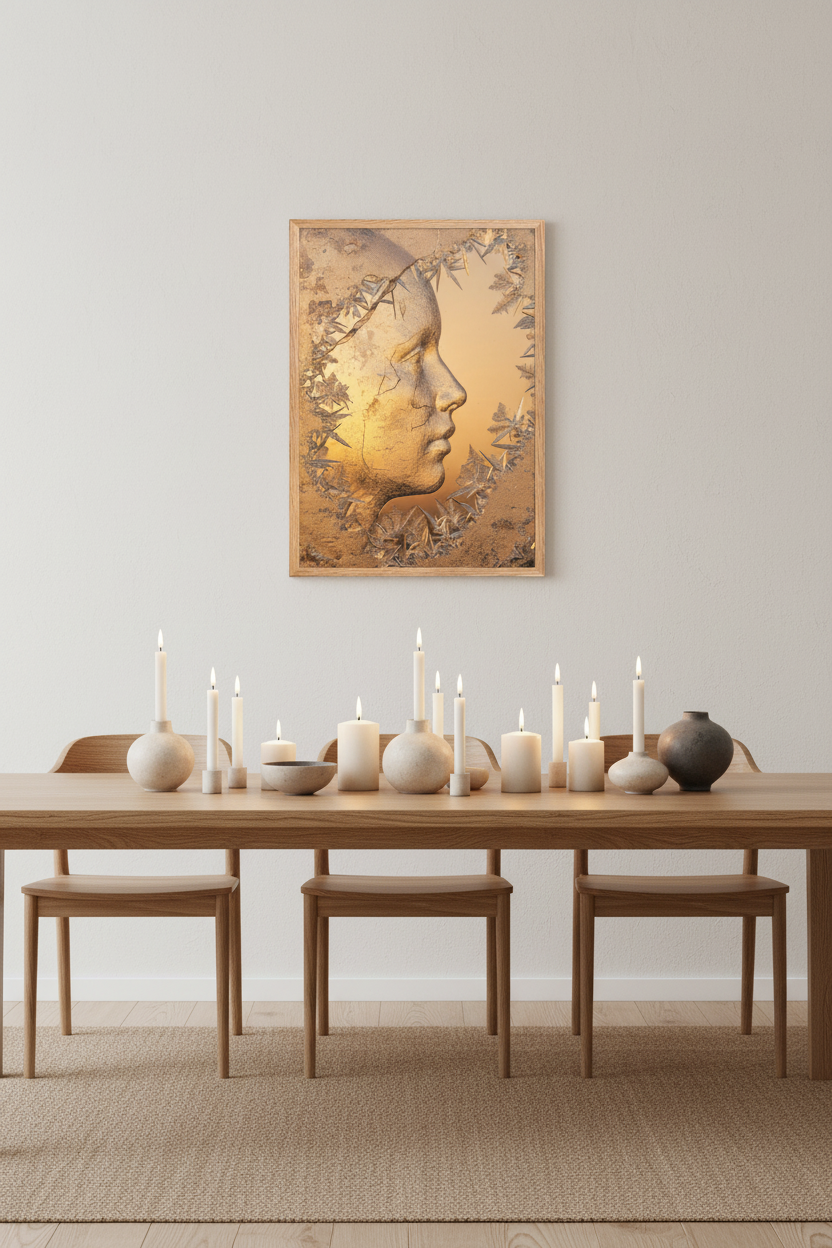 Visage de Givre — salle à manger Japandi bougies encadré chêne | Cassili-home
