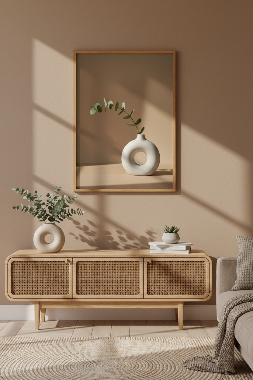 Lifestyle — Poster Vase Anneau & Eucalyptus dans un salon bohème rattan