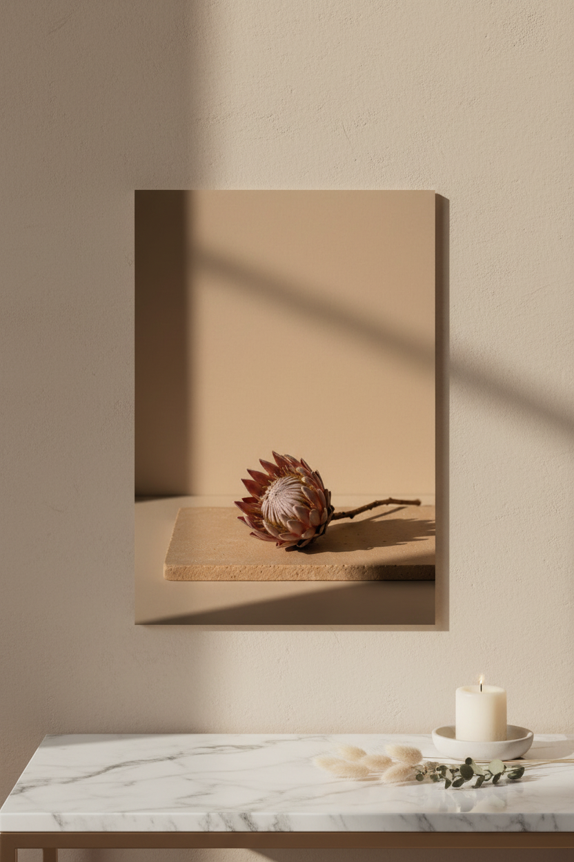 Poster Protéa sur Travertin sans cadre sur table de nuit marbre