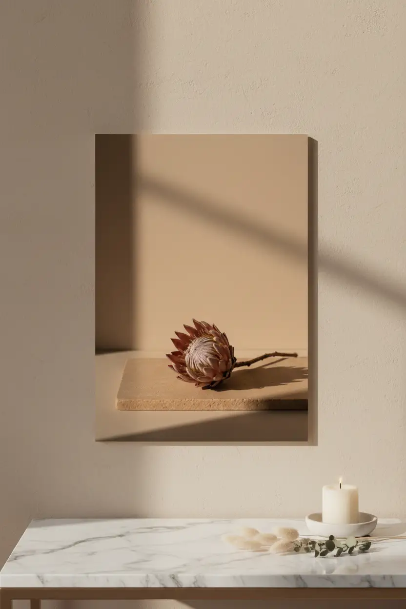 Protéa sur Travertin — Affiche Murale Minimaliste Beige Texture Minérale Chaude Et Lumineuse — affiche murale minimaliste | Cassili-home