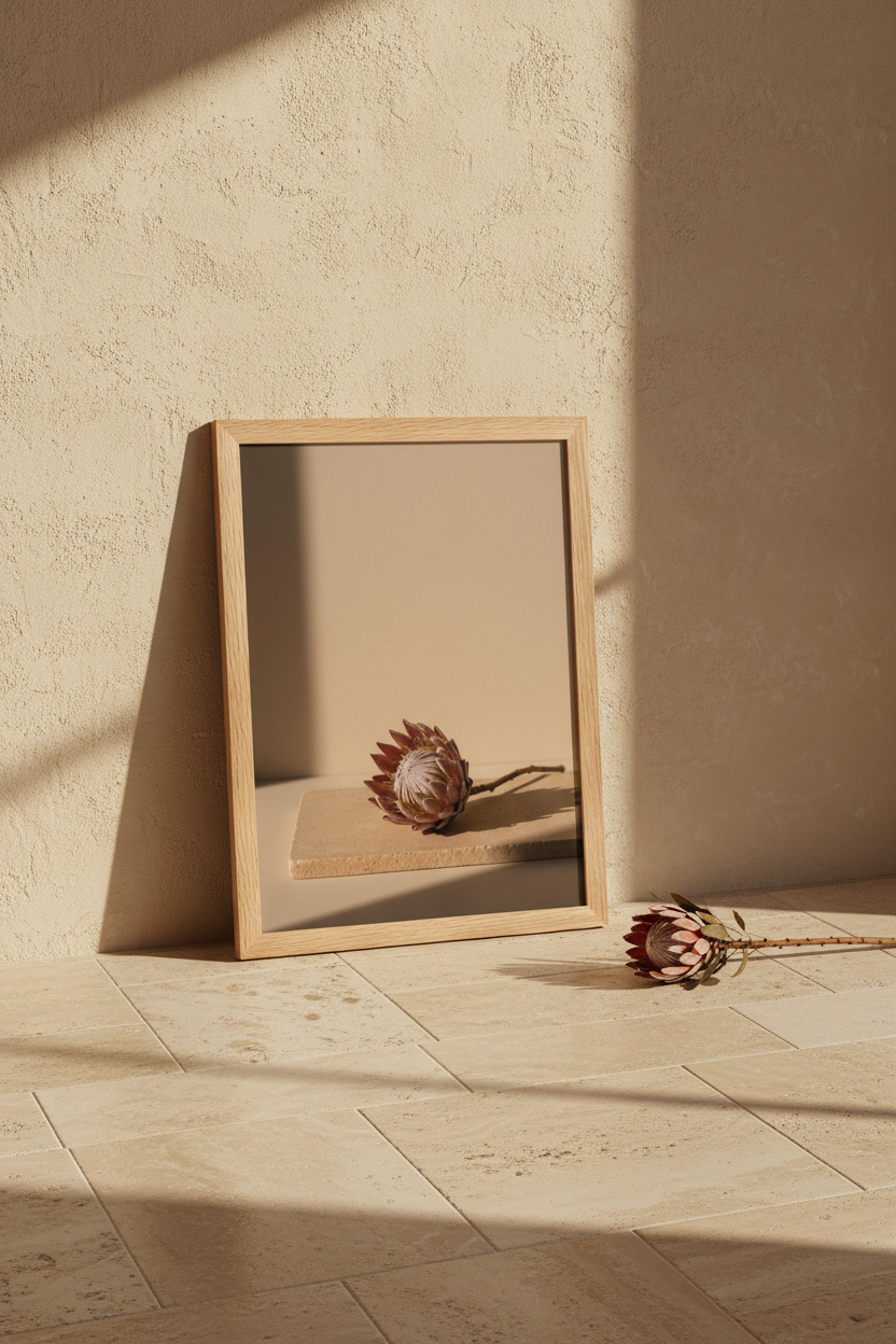 Poster Protéa sur Travertin encadré posé sur sol travertin