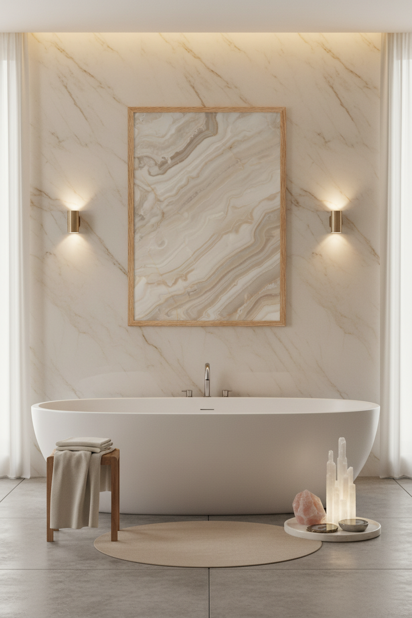 Poster Onyx Ivoire encadré dans une salle de bain spa luxe