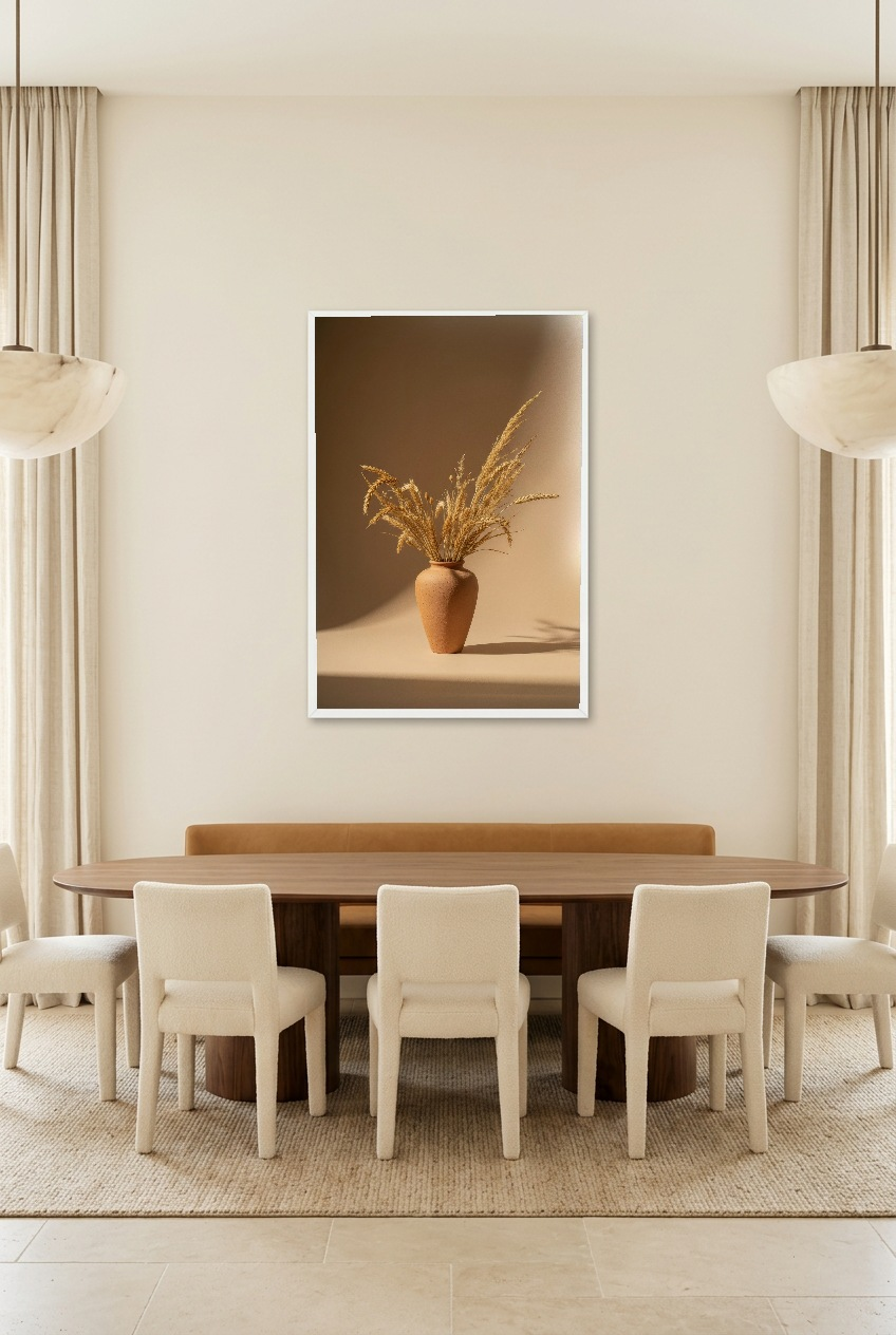 Vase Terracotta aux Épis — poster in a white frame in a dining room