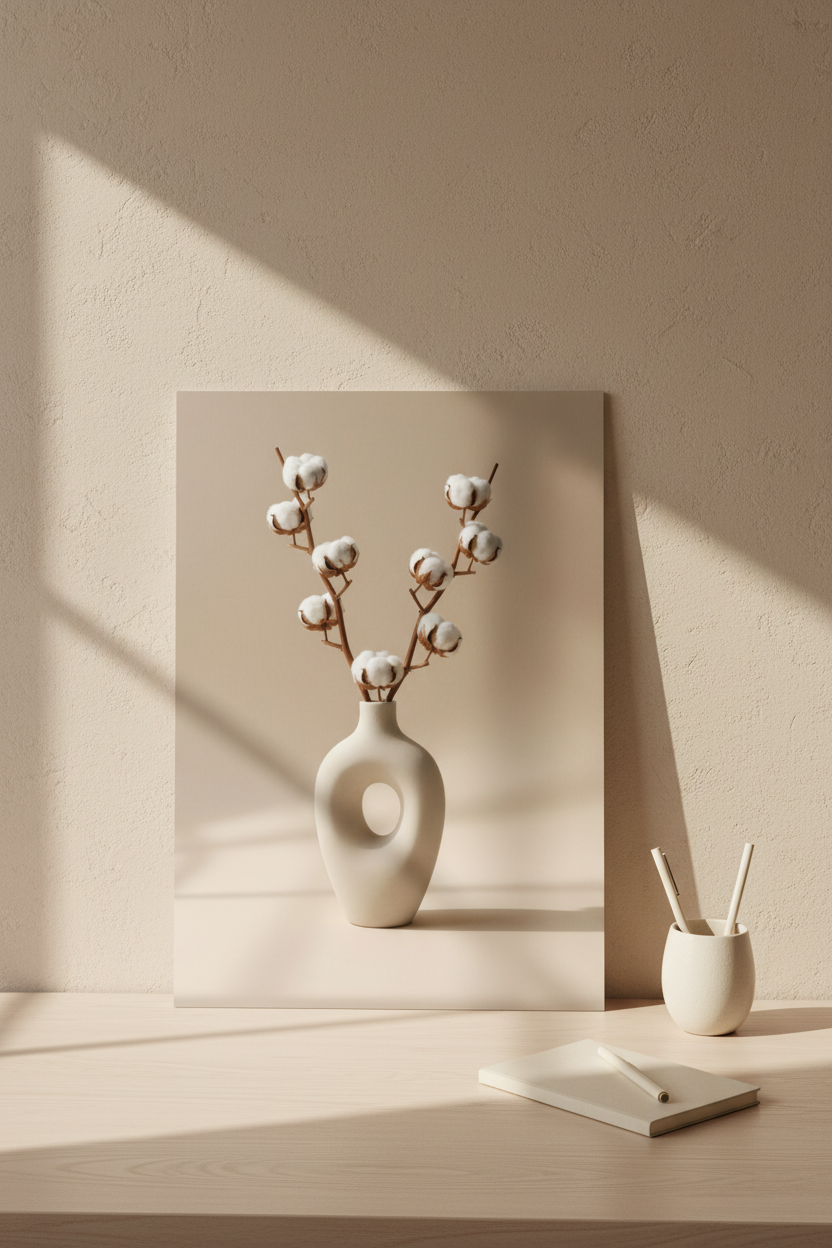 Poster Vase & Branches de Coton sans cadre sur un bureau