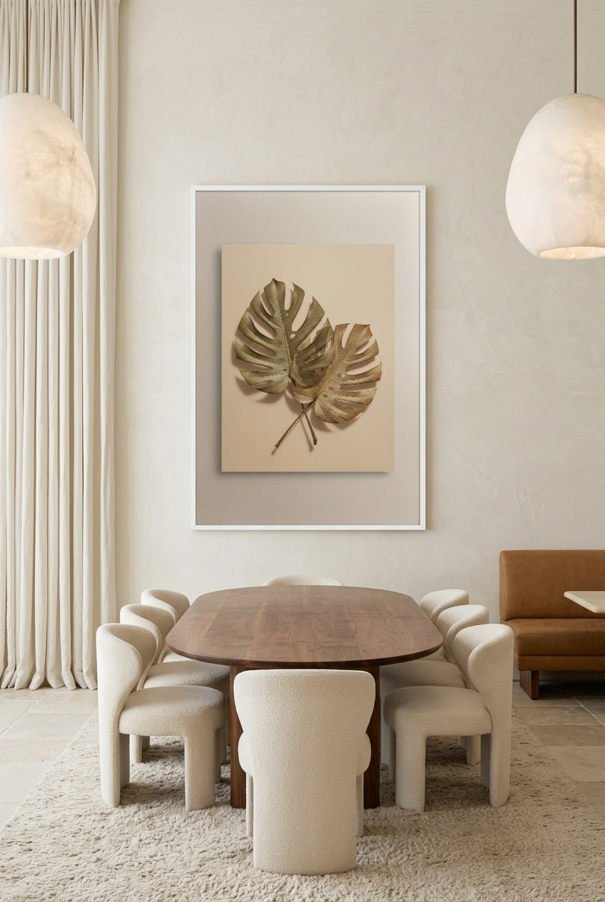 Monstera Doré — poster in witte lijst in een eetkamer