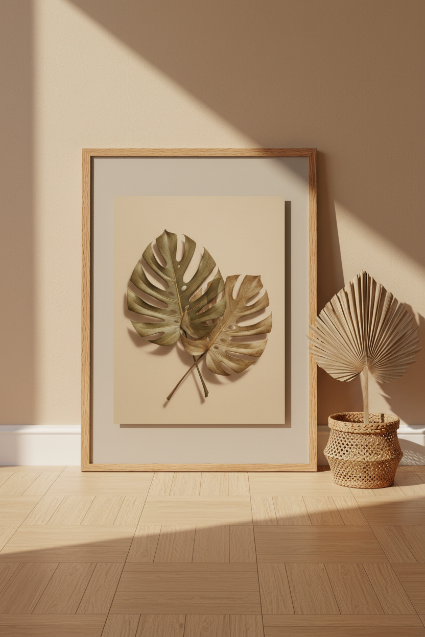 Poster Monstera Dorée encadré posé sur parquet clair