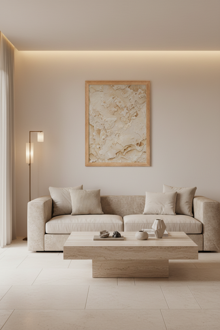 Poster Calcaire Sculpté encadré dans un salon architecte minéral