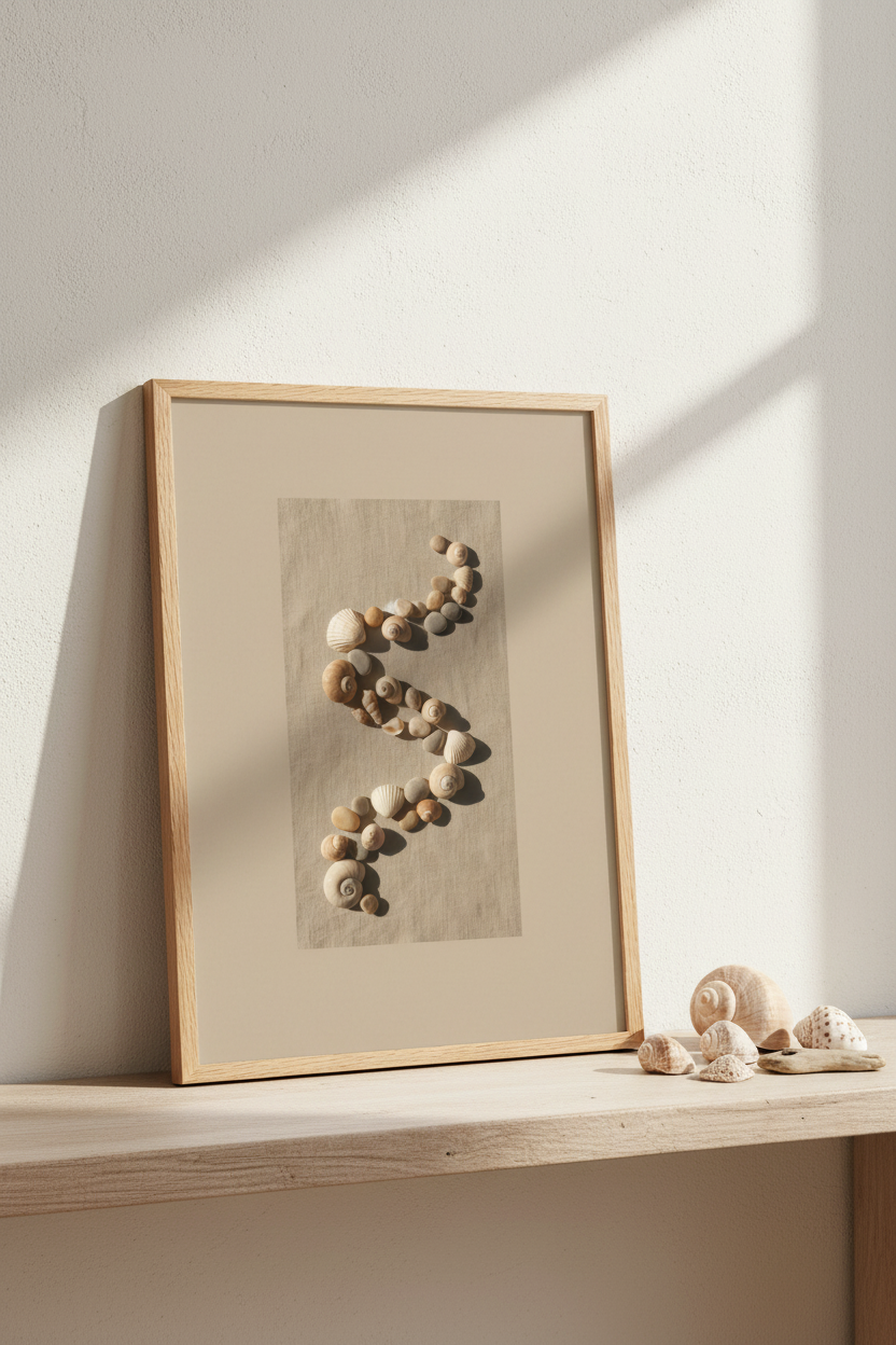 Poster Spirale de Coquillages encadré posé sur étagère bois flotté