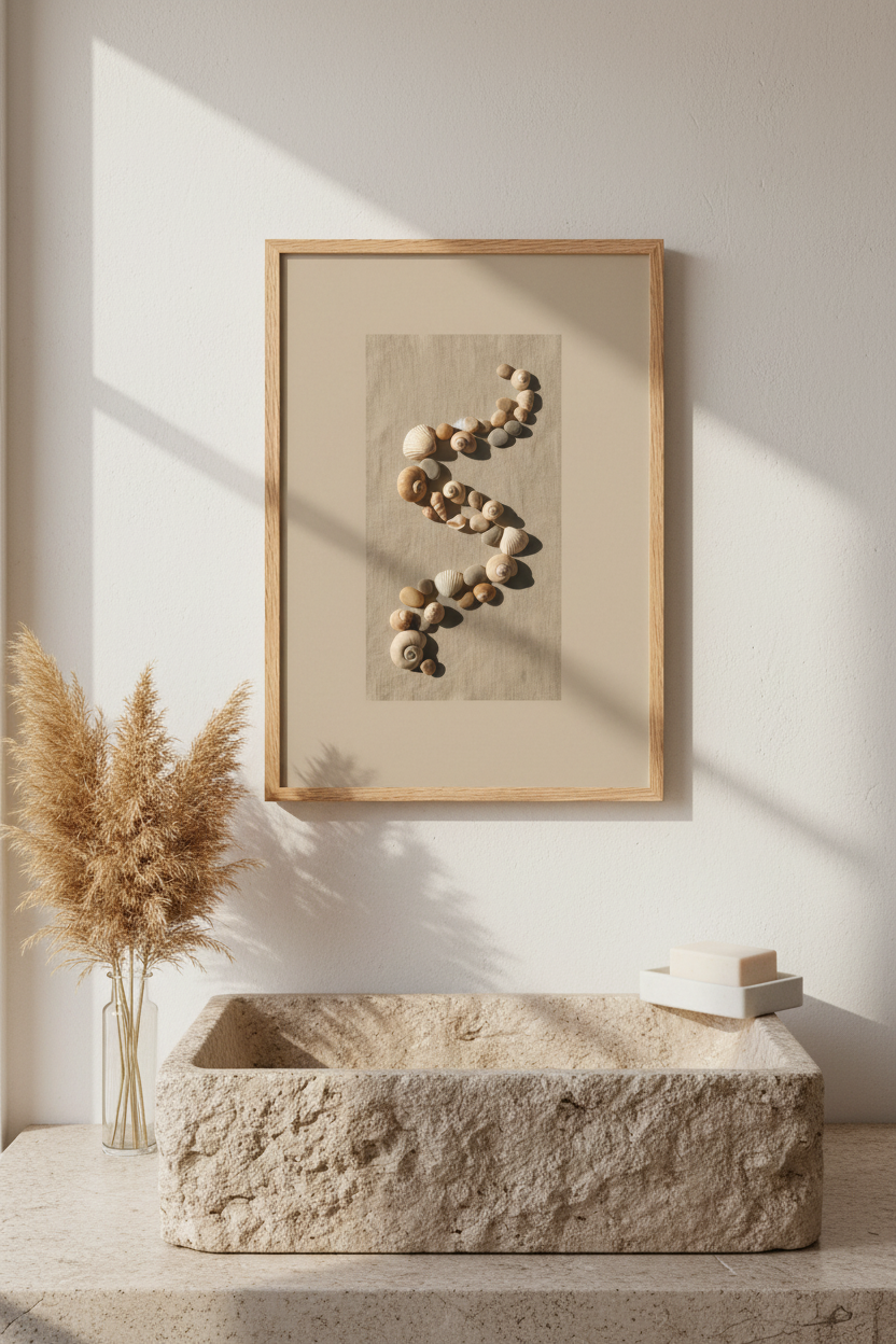 Poster Spirale de Coquillages encadré dans une salle de bain côtière