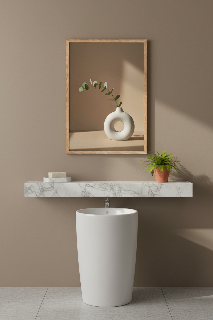 Poster Vase Anneau & Eucalyptus encadré dans une salle de bain minimaliste