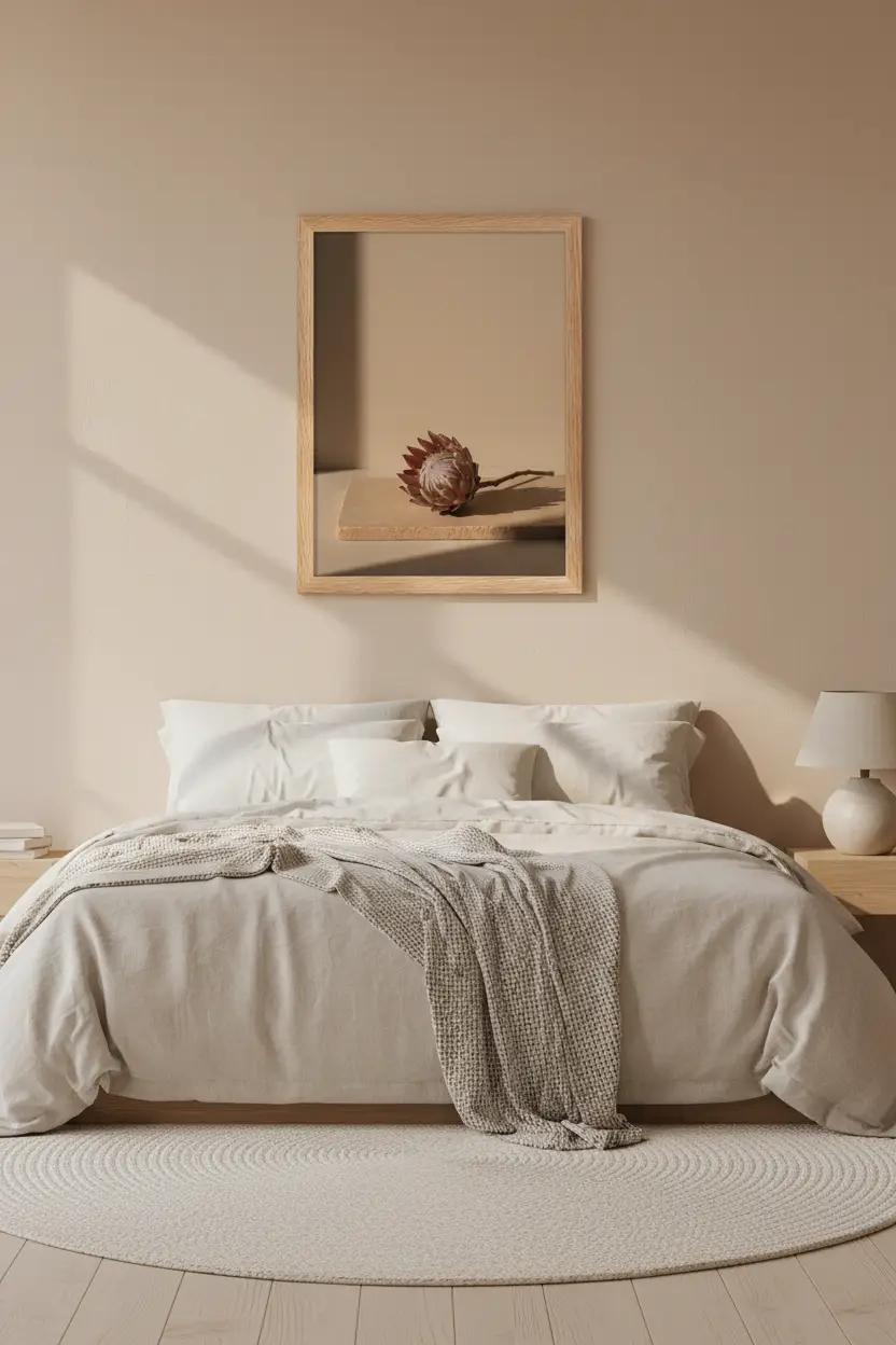 Protéa sur Travertin — Affiche Murale Minimaliste Beige Texture Minérale Chaude Et Lumineuse — affiche murale minimaliste | Cassili-home