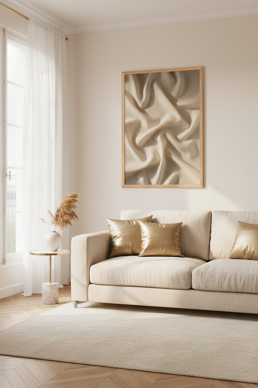 Lifestyle — Poster Soie & Lumière dans un salon parisien velours crème