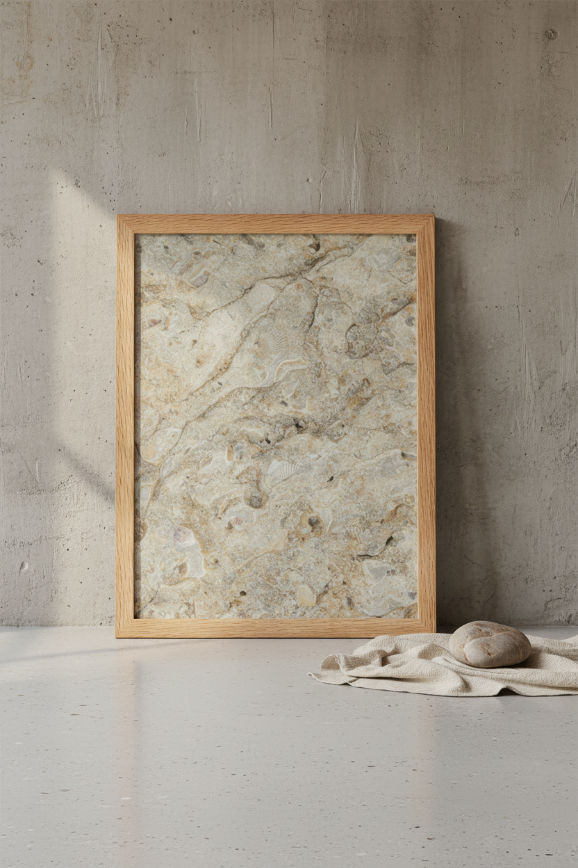 Poster Pierre Fossile encadré posé dans un loft béton