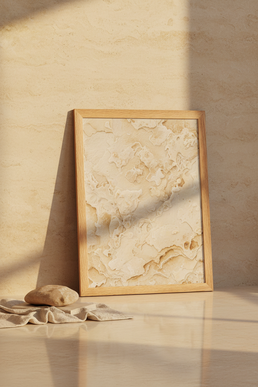 Poster Calcaire Sculpté encadré posé contre un mur calcaire