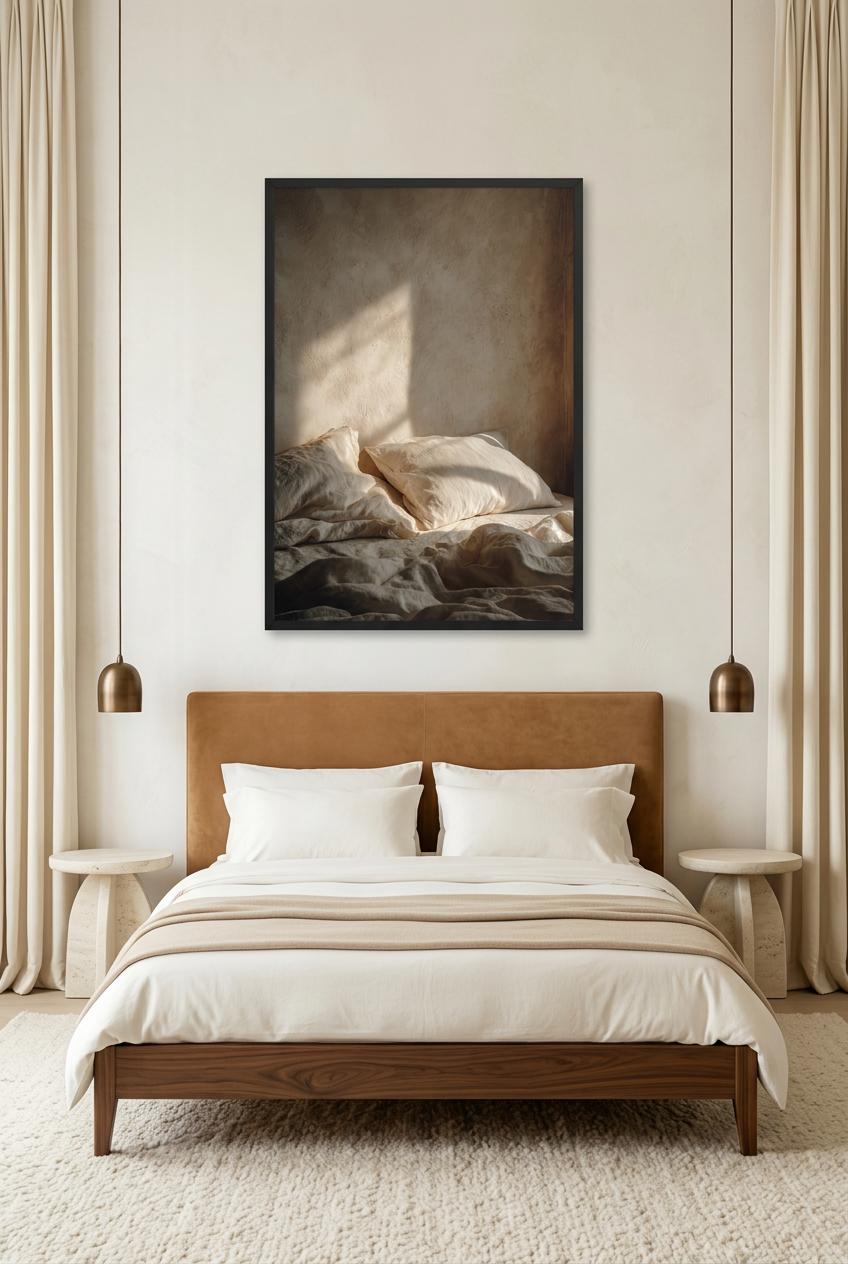L'Aube sur le Lin — poster in zwarte lijst in een slaapkamer