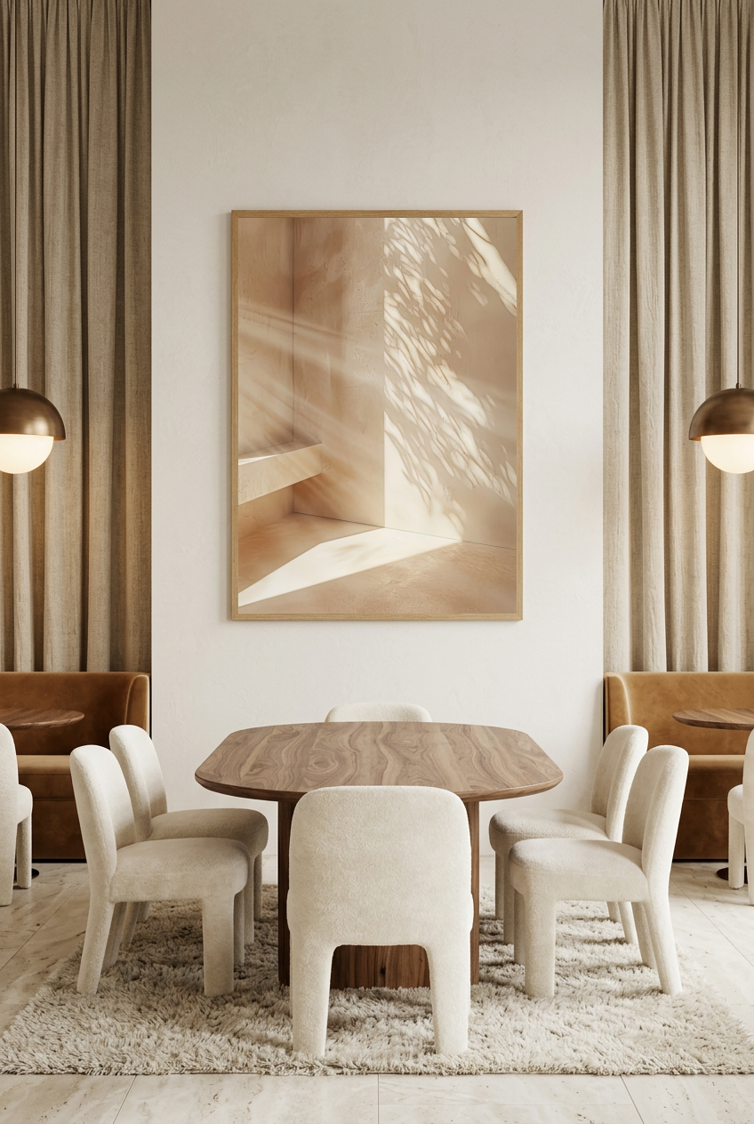 L'Escalier et l'Ombre — poster in an oak frame in a dining room