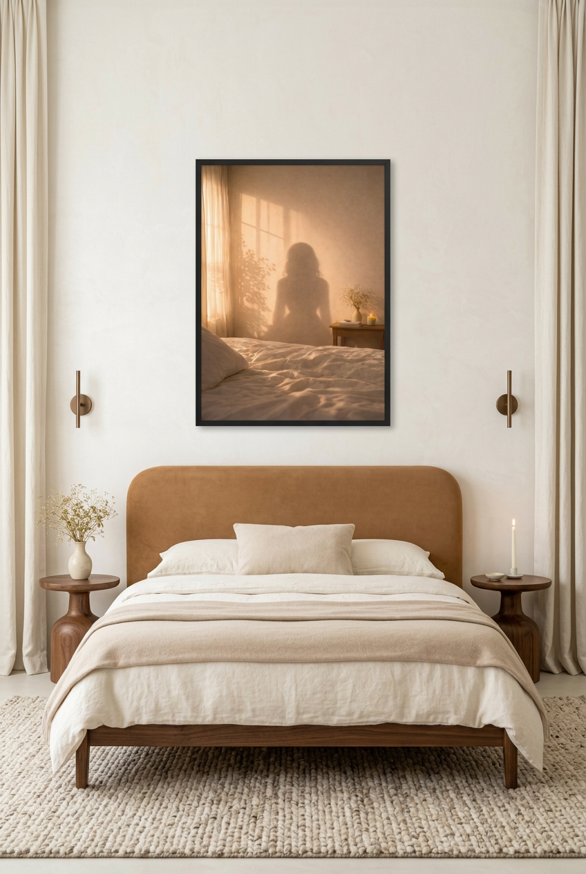 L'Ombre Dorée — poster in a black frame in a bedroom